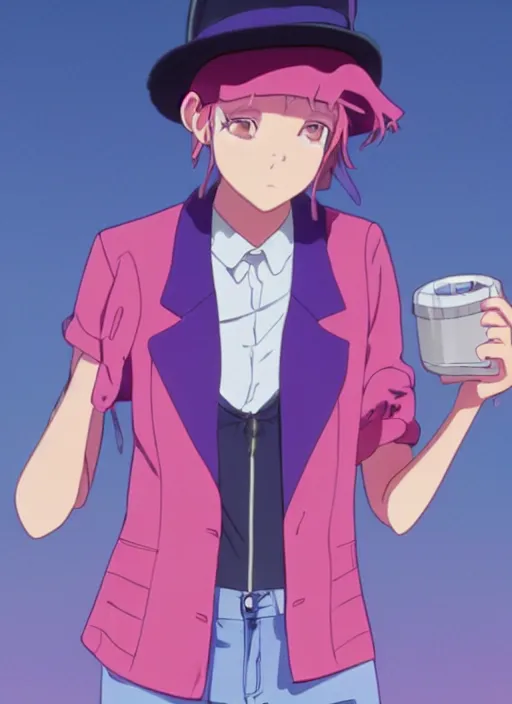 Image similar to a young woman, with a wavy short pink hair and pink fedora hat, wearing a light pink jacket with a dark blue tie, purple gloves and blue jeans shorts and white shoes. She is holding blue neon strings tied on her hand, rich vivid colors, ambient lighting, dynamic lighting, 4k, official media, anime key visual, makoto shinkai, ilya kuvshinov, lois van baarle, rossdraws, detailed, trending on artstation