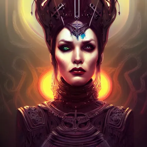 Image similar to queen of death. intricate portrait, occult cyberpunk, ancient futuristic, dark art, occult. by Petros Afshar, by artgerm, Eddie Mendoza