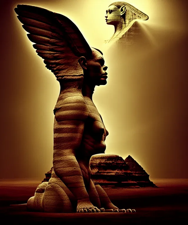 Image similar to epic professional digital art the sphinx, horrific yet beautiful vibe, evocative, atmospheric lighting, painted, intricate, highly detailed, by leesha hannigan, wayne haag, reyna rochin, ignacio fernandez rios, mark ryden, iris van herpen, artstation, cgsociety, stunning, gorgeous, sharp focus, cinematic, masterpiece