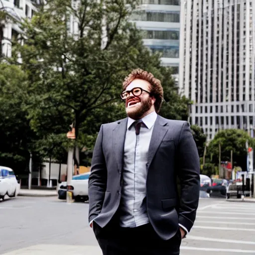 Image similar to seth rogan on a street wearing a suit, laughing, portrait, realistic, city street, detailed, depth of field, sharp focus