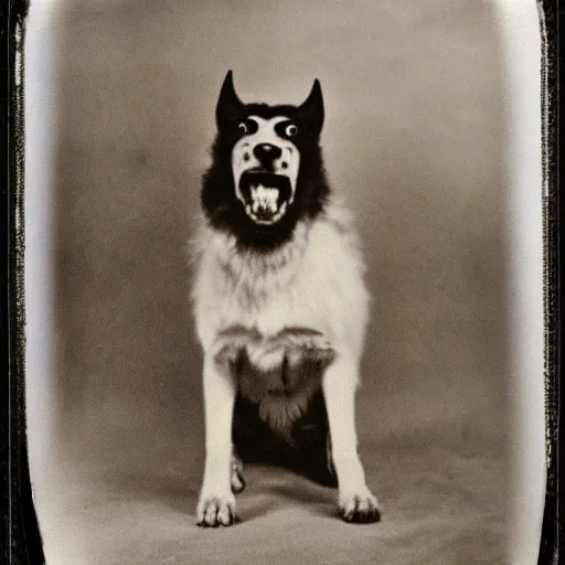 Image similar to old polaroid depicting a hellhound with white eyes and long sharp teeth, at a clearing, at dusk