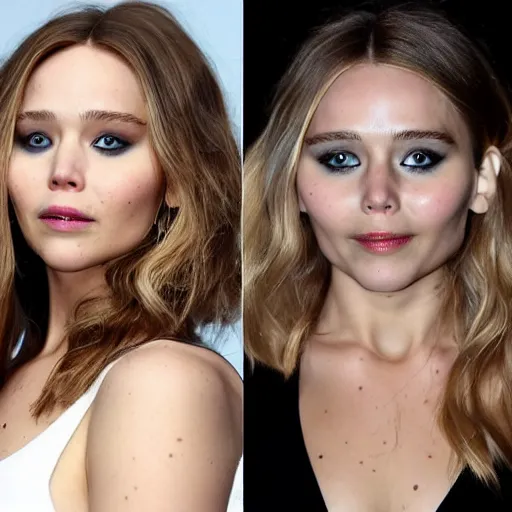 Image similar to a woman who is a genetic combination of jennifer lawrence and elizabeth olsen face and upper - body focus