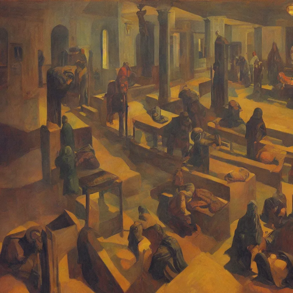 Image similar to apocalyptic scene,prayer,occult,refugees,mosque synagogue interior,gas masks,geometric art,patina,edward hopper