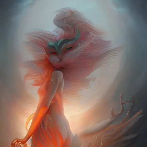 Image similar to prompt A beautiful portrait of a white red orange kumiho, backlit, concept art, matte painting, by Peter Mohrbacher