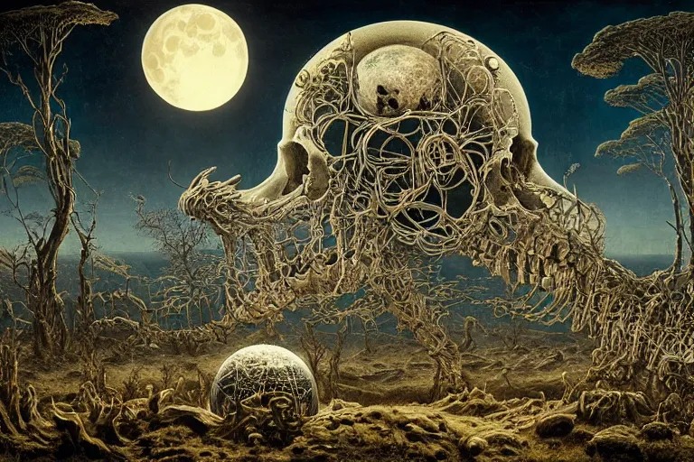 Prompt: a surreal and awe - inspiring science fiction landscape, full moon like skull, intricate, elegant, highly detailed matte painting by ernst haeckel and simon stalenhag