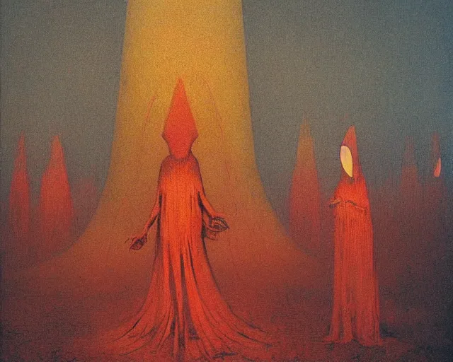 Image similar to by francis bacon, beksinski, mystical redscale photography evocative. devotion to the scarlet woman, priestess in a conical hat, coronation, ritual, sacrament