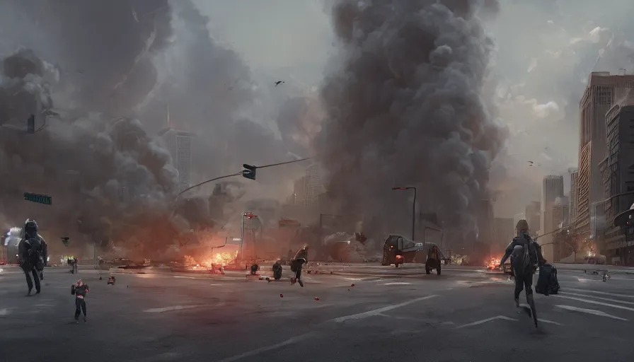 Prompt: Movie scene of people fleeing from explosions in Chicago, hyperdetailed, artstation, cgsociety, 8k