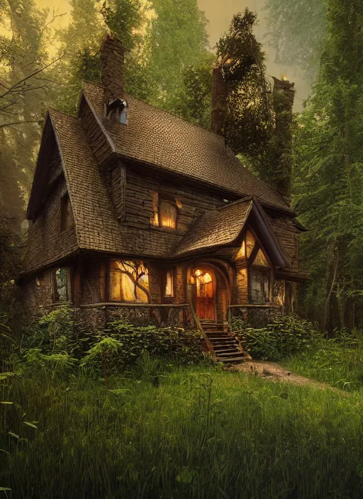 Image similar to hyper realistic homely witch cottage with random architectural styles, in the woods gorgeous lighting, highly detailed, lush forest painting by norman rockwell, james gurney zdzisław beksinski and norman rockwell and greg rutkowskiweta octane render