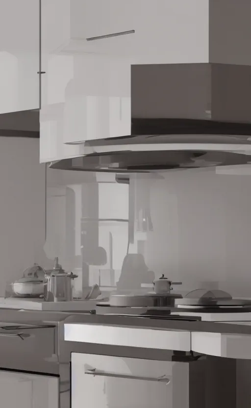 Image similar to tiny chrome blob hovering above kitchen counter, photorealistic render unreal macro closeup wonderful