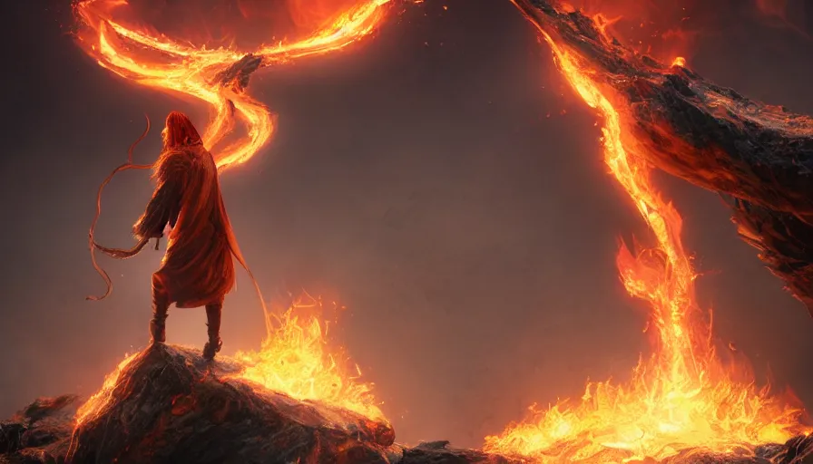 Prompt: Realistic image of a wizard standing on a rock surrounded by flames, hyperdetailed, artstation, cgsociety, 8k