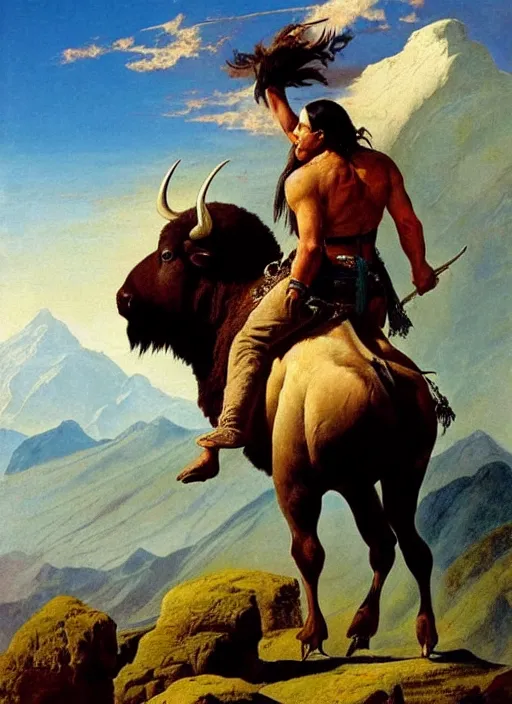 native american riding bison, buffalo, native american