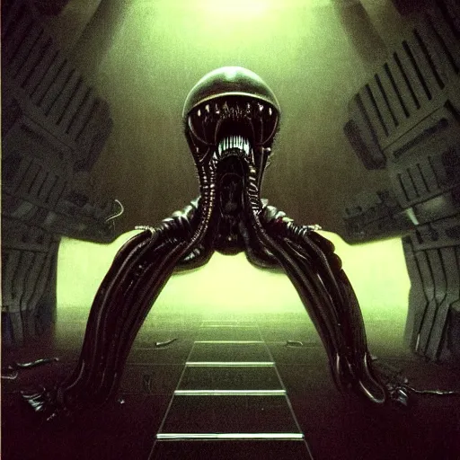 Image similar to black glossy xenomorph, alien movie, endless abandoned office cubicles, pale yellow wallpaper, moist brown carpet, dim fluorescent lighting, artstation, ultra detailed, creepy, dramatic lighting, photorealistic, art by h. r. giger and chris foss and beksinski