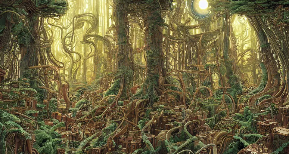 Prompt: hyper detailed comic illustration of a mechanical maze forest, by Ralph McQuarrie, Syd Mead and Android Jones intricate details, vibrant, solid background, low angle fish eye lens