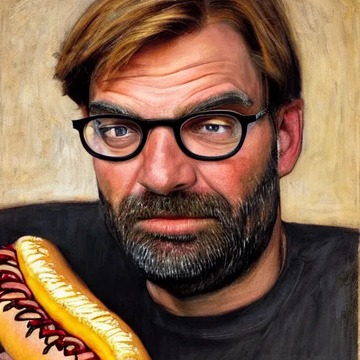 Prompt: jurgen klopp holding hot dogs, portrait by john william waterhouse and edwin longsden long and theodore ralli and nasreddine dinet, oil on canvas. cinematic, vivid colors, hyper realism, realistic proportions, dramatic lighting, high detail 4 k