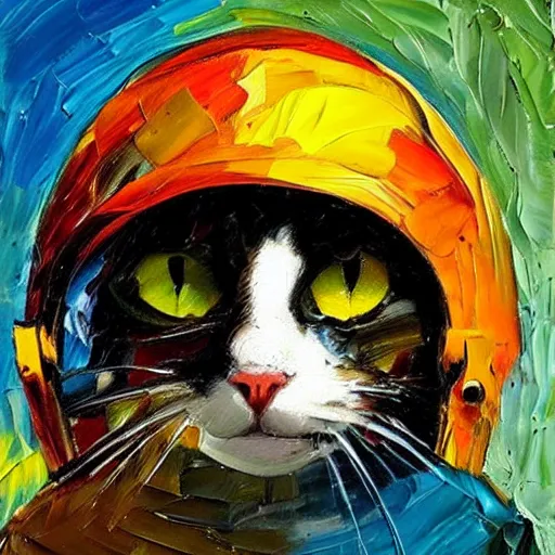 Image similar to palette knife oil painting of a cat wearing a helmet