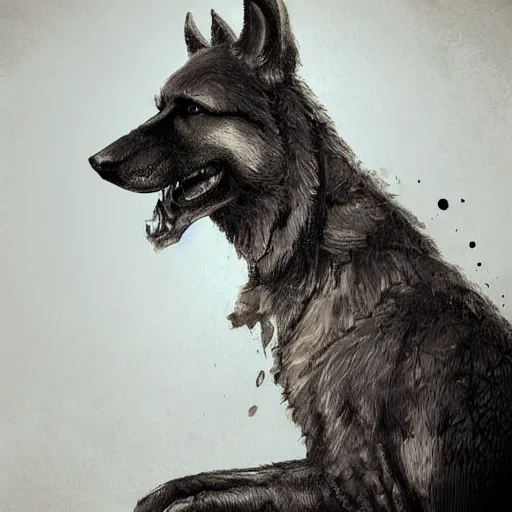 Image similar to a wounded humanoid german shepherd beast - man in military style, sitting on the carpeted floor beside a bed, highly detailed portrait, digital painting, artstation, concept art, smooth, sharp foccus ilustration, artstation