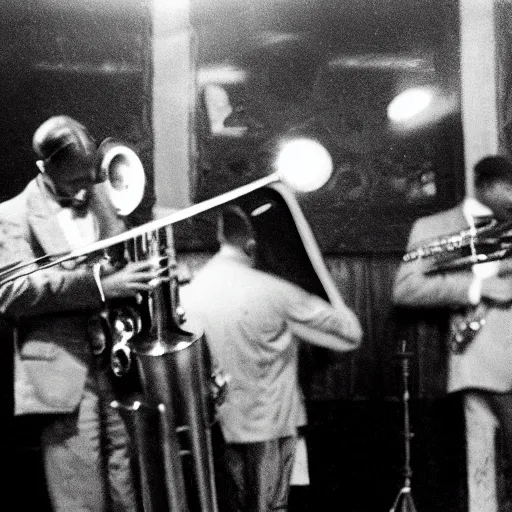 Prompt: jazz musicians playing in a dimly lit club, vintage photography, intricate details, 8k, black and white, 1930s, golden age