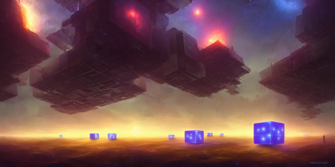 Image similar to a fleet of giant glowing futuristic cubes tied to each other with huge thick messy wires in the sky, a fantasy magical landscape seen in the distance, atmospheric lighting, intricate, volumetric lighting, beautiful, sharp focus, ultra detailed, in the art style of marc simonetti, bowater charlie and brom gerald, astrophotography