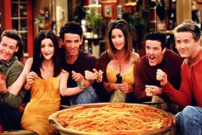 Image similar to the episode of Friends where everyone gets covered in spaghetti