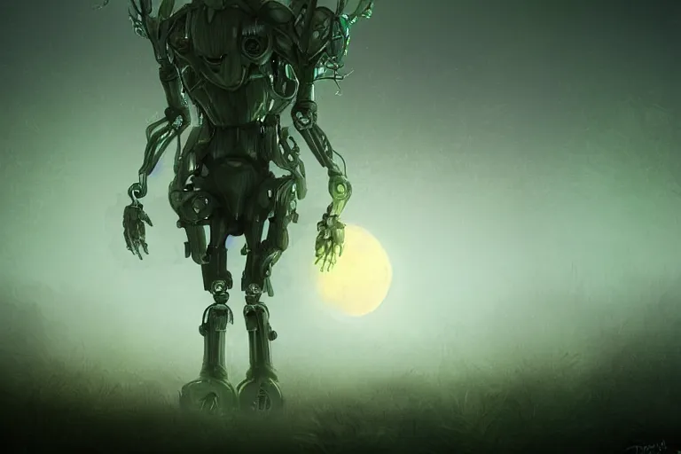 Image similar to a robotic tree humanoid, cute, dark fantasy, foggy, misty, ambient lights, dark lights, moon glow, digital art, video game character, league of legends, glows,