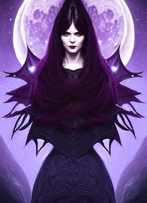 Image similar to background is moon many light effects, symmetrical centered portrait dark witch, large cloak, fantasy forest landscape, dragon scales, fantasy magic, undercut hairstyle, short purple black fade hair, dark light night, intricate, elegant, sharp focus, digital painting, concept art, matte, art by wlop and artgerm and greg rutkowski and alphonse mucha, masterpiece