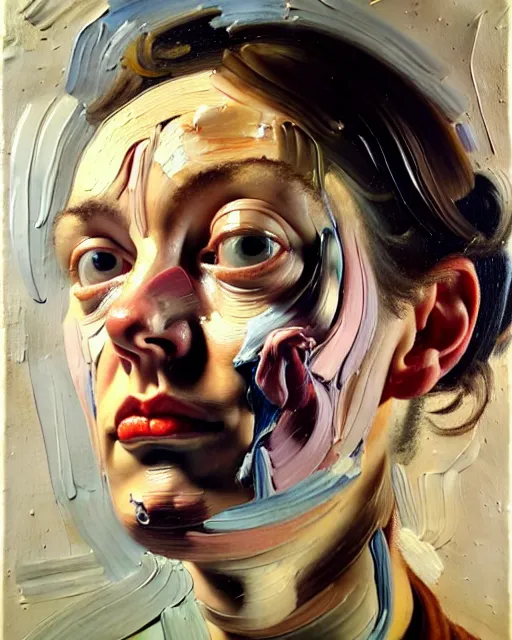 Image similar to a close up portrait a very ordinary young woman with a distracted expression, low angle, facing front, looking up, by Lucian Freud and Jenny Saville, oil painting, anatomically correct, beautiful perfect face, visible brushstrokes, sharp focus, Highly Detailed, Cinematic Lighting, 8k, HD