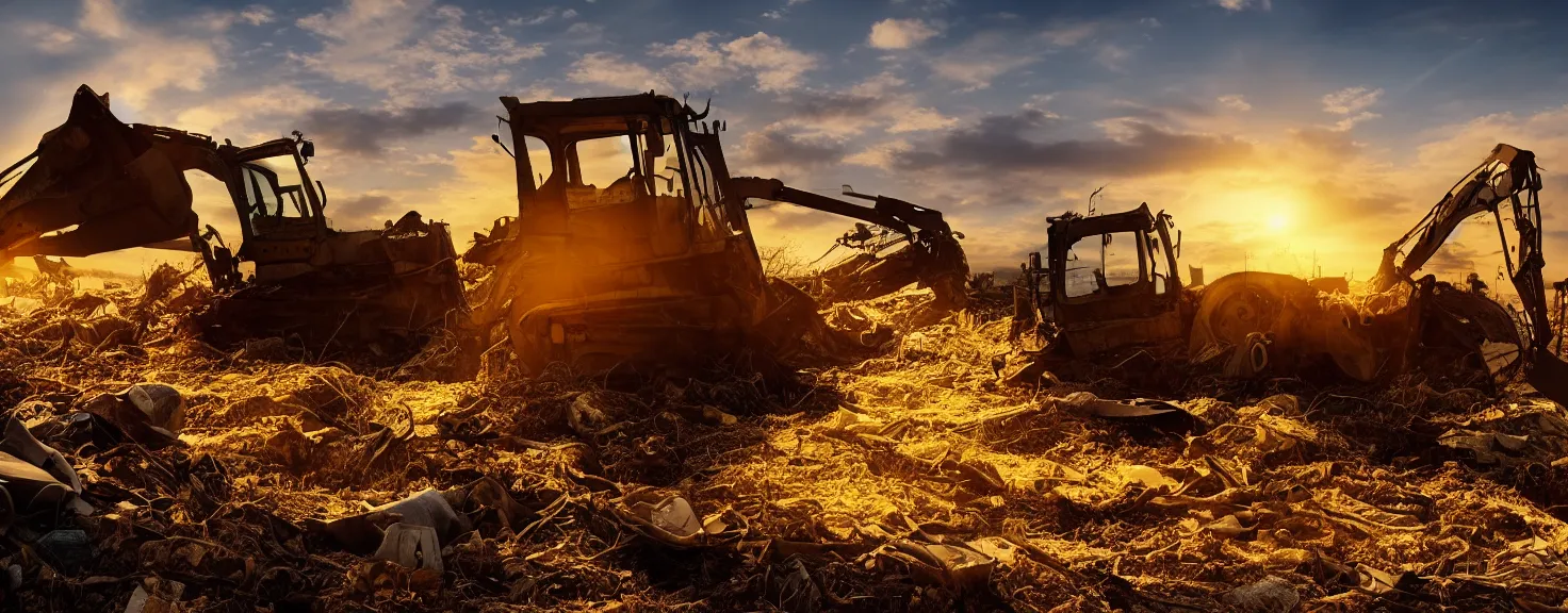 Image similar to Silhouette of single bulldozer working on junkyard heap, photorealistic image, golden hour, low angle shot, very detailed