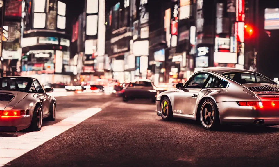 Image similar to photo of a porsche 911 at night driving fast through a city, cinematic, 4k, long exposure photography, tokyo drift, fast and furious, kodak portra 400