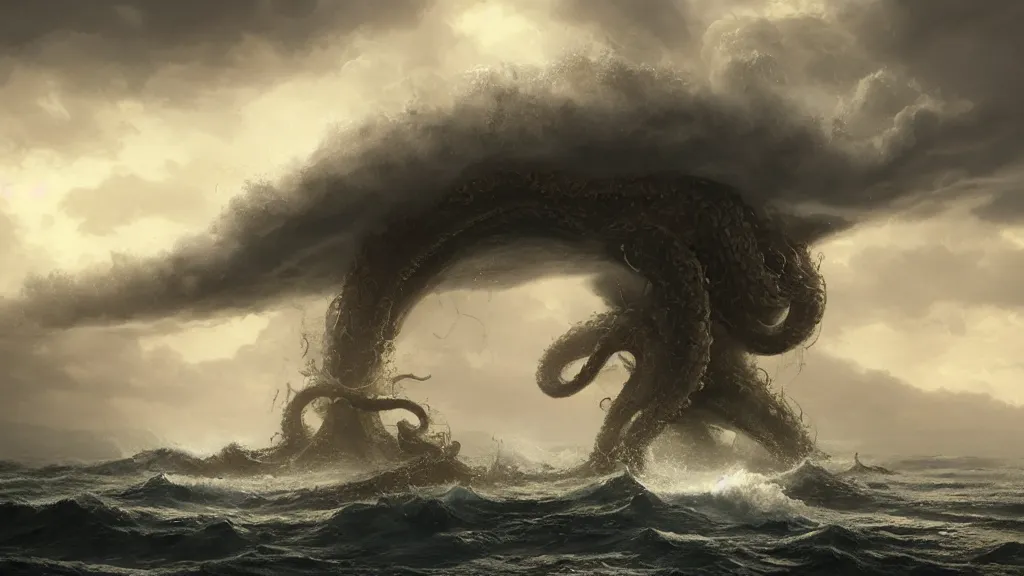 Prompt: A kraken rising out of a stormy sea, concept art, matte painting, 8k, highly detailed, artstation, Greg Rutkowski