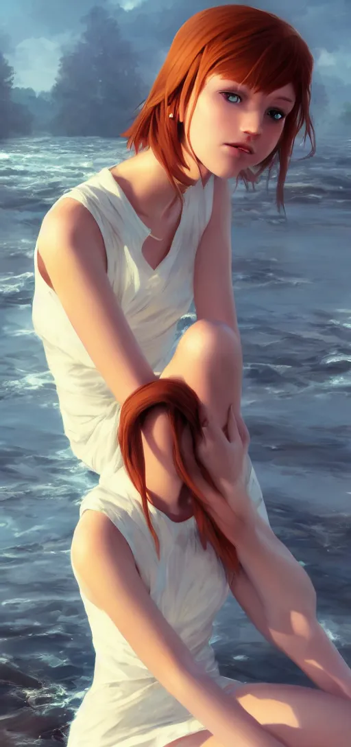 Image similar to southern ginger woman in simple cream dress sitting beside a river, airbrushed, hazy, gentle, soft lighting, wojtek fus, by makoto shinkai and ilya kuvshinov,