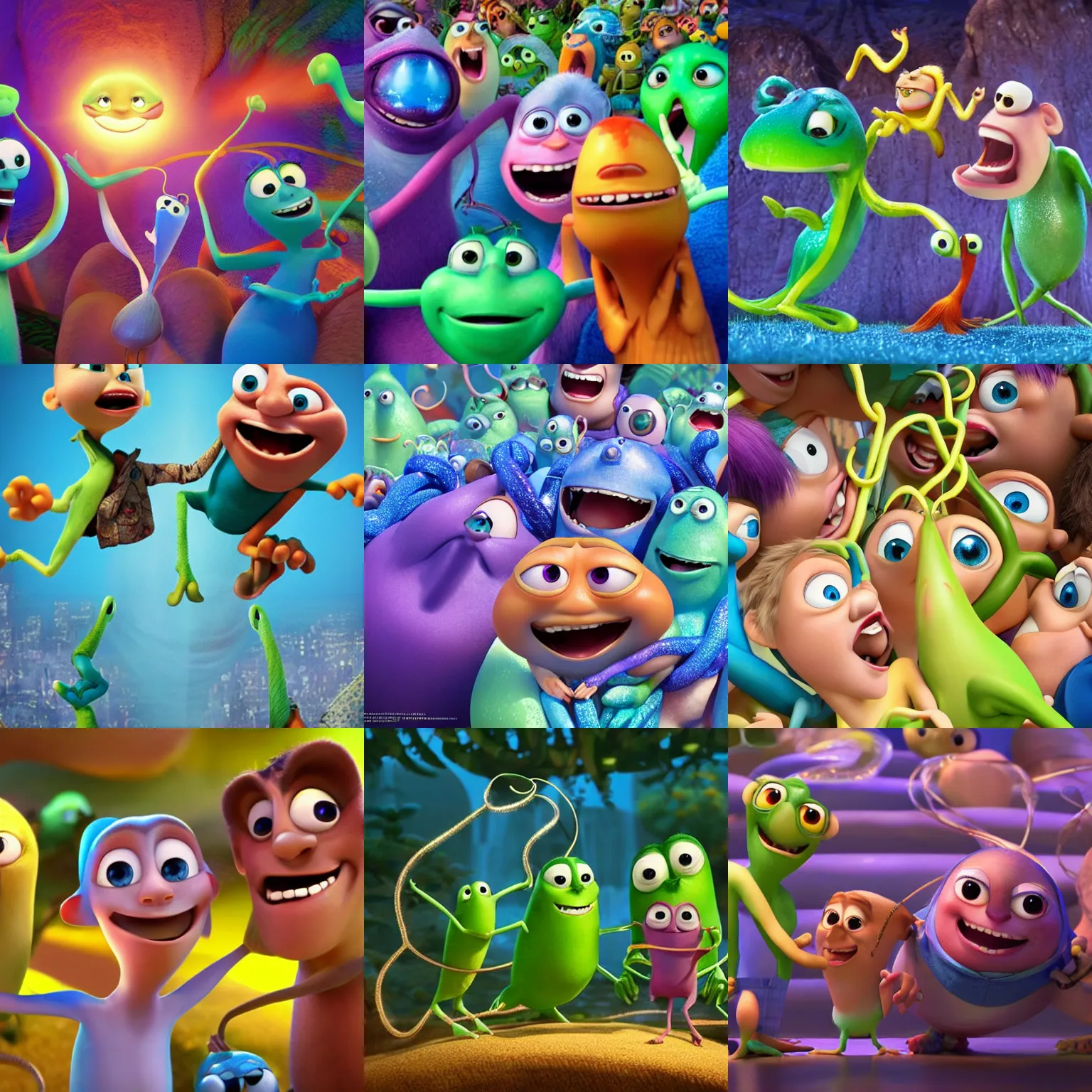 Prompt: people intertwined with each other while laughing, illumination studios pixar movie directed by tom mcgrath, 3 d animated movie, slimy shiny reflective joy