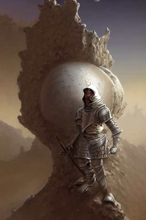 Image similar to crusader in armor standing in moon crater, highly detailed, d & d, fantasy, highly detailed, digital painting, trending on artstation, concept art, sharp focus, illustration, global illumination, ray tracing, realistic shaded, art by artgerm and greg rutkowski and fuji choko and viktoria gavrilenko and hoang lap, sunny