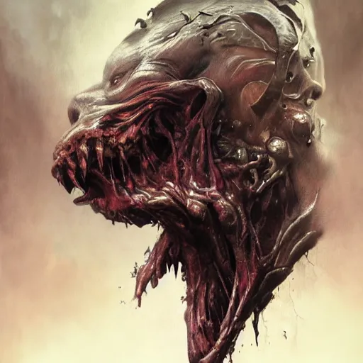 Image similar to Dark Fantasy Painting of a hulking muscular demonic flesh creature with drool dripping from its mouth, creepy, unsettling, horror, upper body, intricate, wild, highly detailed, digital painting, artstation, concept art, smooth, sharp focus, illustration, art by artgerm and greg rutkowski and alphonse mucha