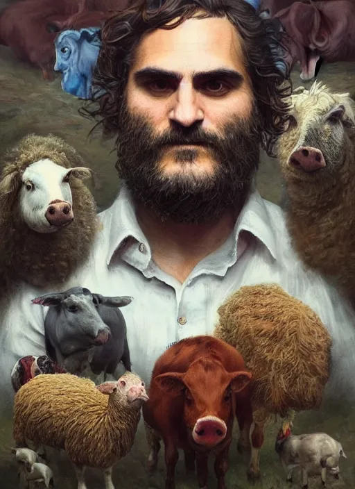 Image similar to a hyper detailed painting of joaquin phoenix surrounded by animals, cow, pig, sheep, chicken, horror, by anna podedworna, by miklos ligeti, by diego maricato, by taran fiddler, by antonino truisi, by chris reddie, by jinsung lim, trending on artstation