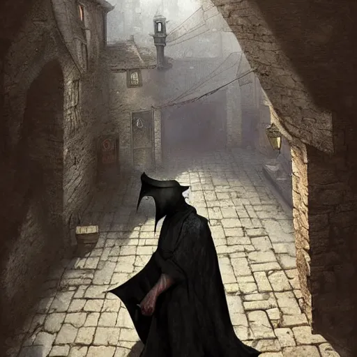 Prompt: Plague Doctor in a medieval village by Greg Rutkowski, photorealistic, volumetric lighting, HD, subtle details, dramatic
