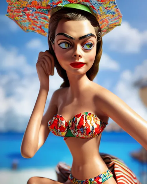 Image similar to highly detailed closeup, face profile portrait of a tin toy retro 1 9 5 0 s cara delevingne, bikini, depth of field, fashion photoshoot by max fleischer, breathtaking, detailed and intricate environment, 8 k resolution, hyperrealistic, octane render