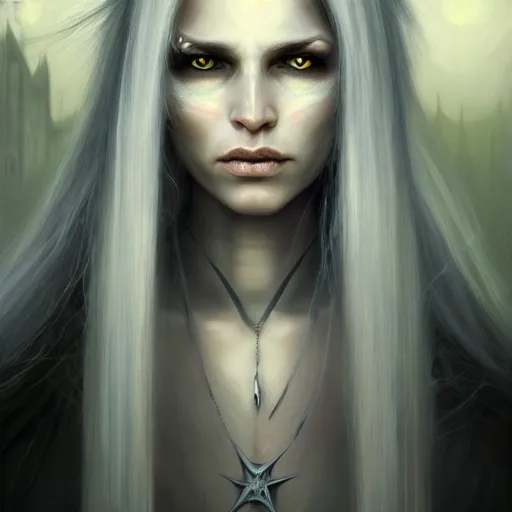 Image similar to portrait painting of a witch elf with long grey hair, sharp focus, award - winning, trending on artstation, masterpiece, highly detailed, intricate. art by seb mckinnon