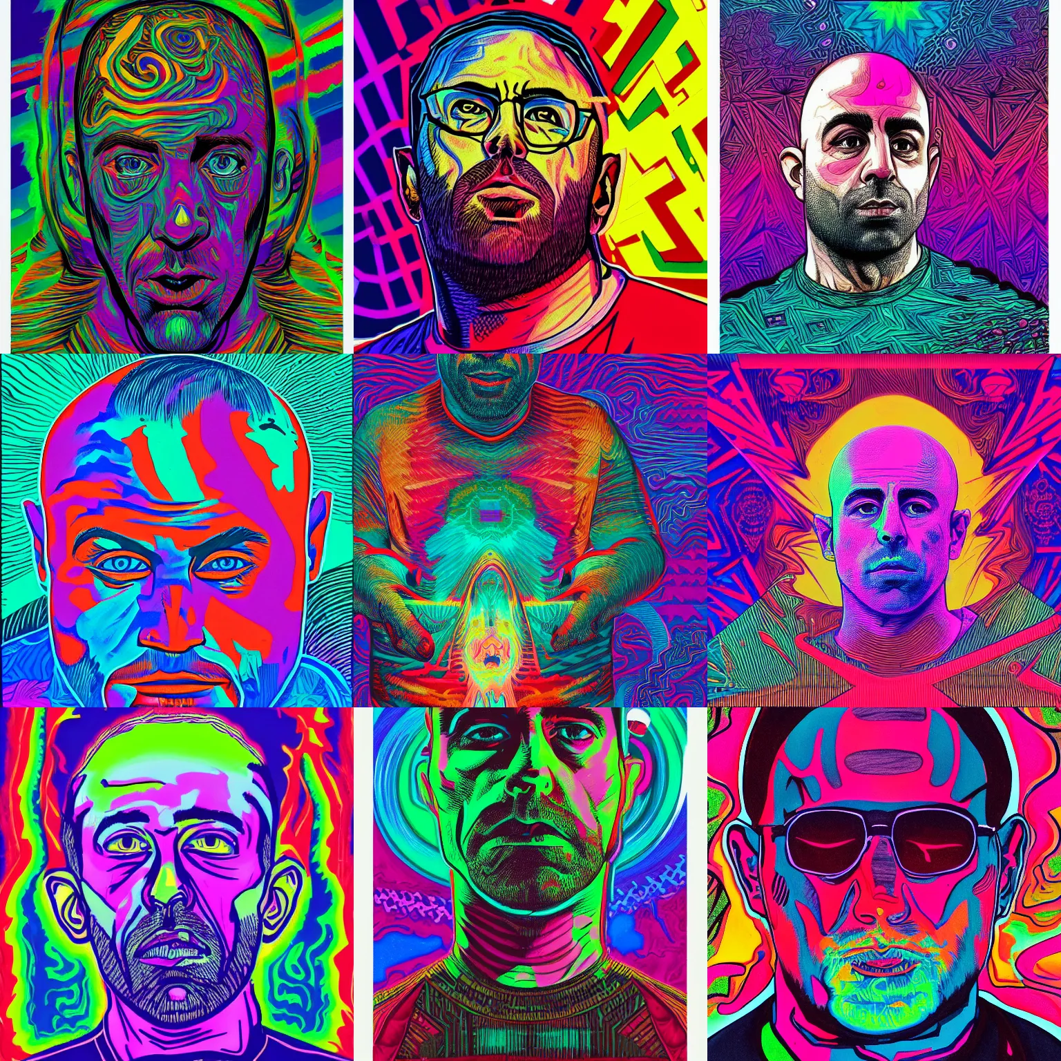 Prompt: a detailed gouache drawing of joe rogan having a dmt trip in the style of acidwave and abstract tech, artstation, 8 k, artstationhd, award - winning art, cinematic