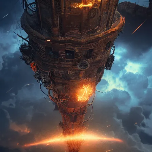 Image similar to a flying steampunk fortress, intricate, behrens style, octane render, fantasy digital art, beautiful composition, trending on artstation, night, meteors, lightning!!!, lightning, lightning, dramatic lighting, blood snow, eldritch