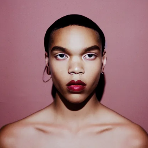 Prompt: realistic! photoshoot for a new balenciaga lookbook, color film photography, portrait of a beautiful woman, woman has creative make-up on, photo in style of tyler mitchell, 35mm