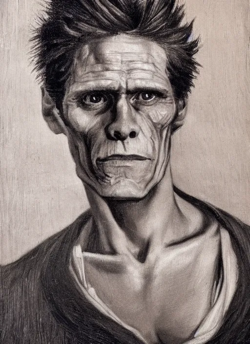 Image similar to portrait painting of 2 4 year old willem dafoe, renaissance oil painting, studious chiaroscuro