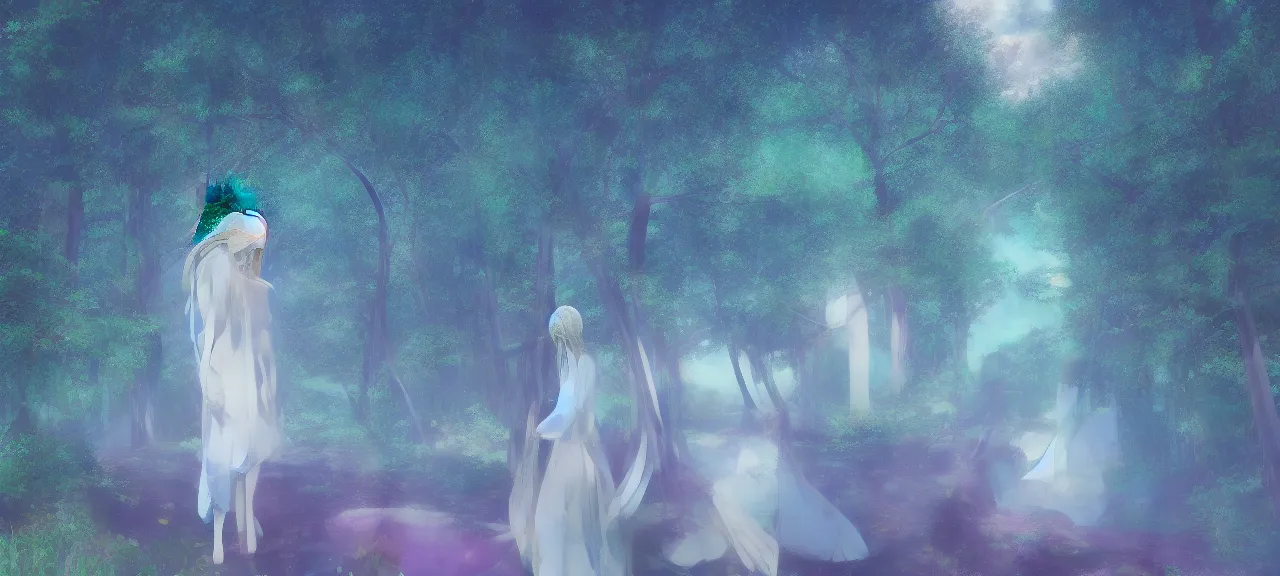 Image similar to illyasviel walking through enchanted ghibli clover | Big Moon at Blue Night | Trees with white flowers | bioluminescent blue FLOWERS | strong blue rimlit | visual-key | anime illustration | highly detailed High resolution | Light Novel | Visual Novel | In the style of Miyama-Zero, Yuuki Hagure