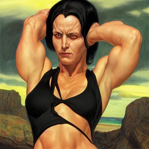 Image similar to woman with black hair, dressed all in black, showing the muscles of her arms, by donato giancola, alex ross, and berthold woltze.