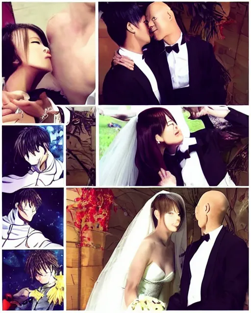 Image similar to saitama one punch man instagram couple's wedding photo shoot, closeup photo