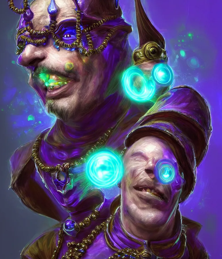 Image similar to front!!! shot of a court jester!!! character, hyperdimensional, bioluminescent hypercubes, dark holography!!!, spectral, chrome, (((shiny photorealism))), elegant, highly detailed, centered, (((artstation, concept art, smooth, sharp focus, artgerm, Tomasz Alen Kopera, Peter Mohrbacher, donato giancola, Joseph Christian Leyendecker, WLOP, Boris Vallejo))), mugshot!!!!!, ugly!!!!!!, octane render, nvidia raytracing demo, octane render, nvidia raytracing demo, octane render, nvidia raytracing demo, grainy, muted, 8K, digitalblasphemy, metatron