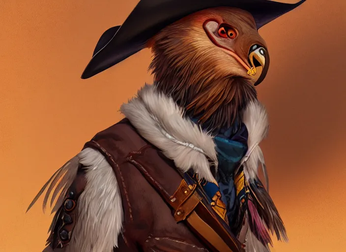 Image similar to character portrait feature of the anthro male anthropomorphic vulture fursona wearing cowboy outfit wild west desperado character design stylized by charlie bowater, ross tran, artgerm, makoto shinkai, detailed, soft lighting, rendered in octane