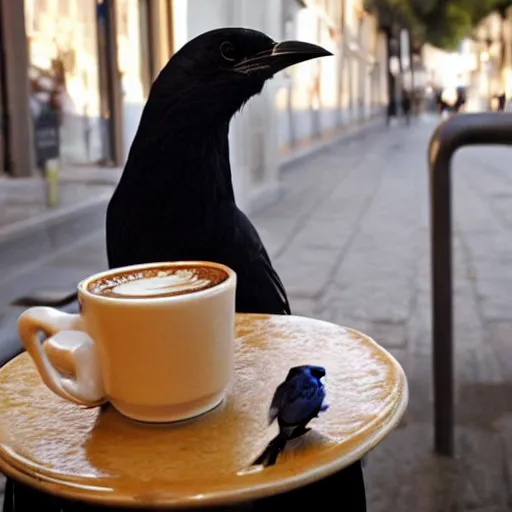 Prompt: Astonishing photograph of a woman having coffee with a crow, at a Barcelona cafe