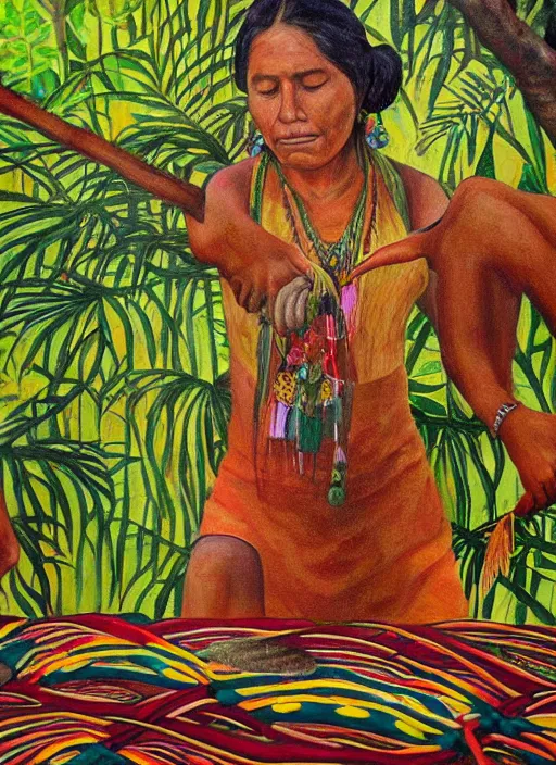 Image similar to a beautiful painting of an indigenous female doing crafting of a beautiful fabric in the jungle, realistic, ayahuasca