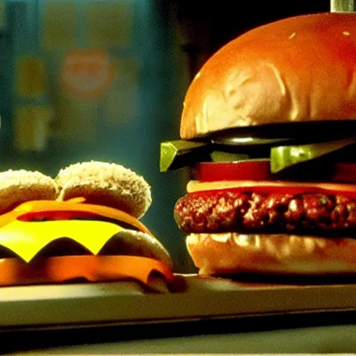 Image similar to the strange cheeseburger creature at the fast food place, film still from the movie directed by denis villeneuve and david cronenberg with art direction by salvador dali and zdzisław beksinski, wide lens