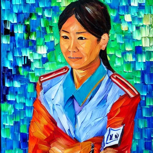 Prompt: pallet knife oil painting of a female asian police psychiatrist